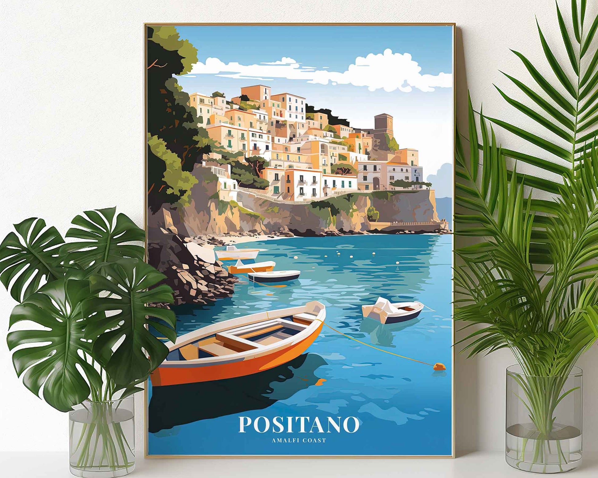 Framed Image of Positano Italy Travel Illustration Poster Prints Wall Art