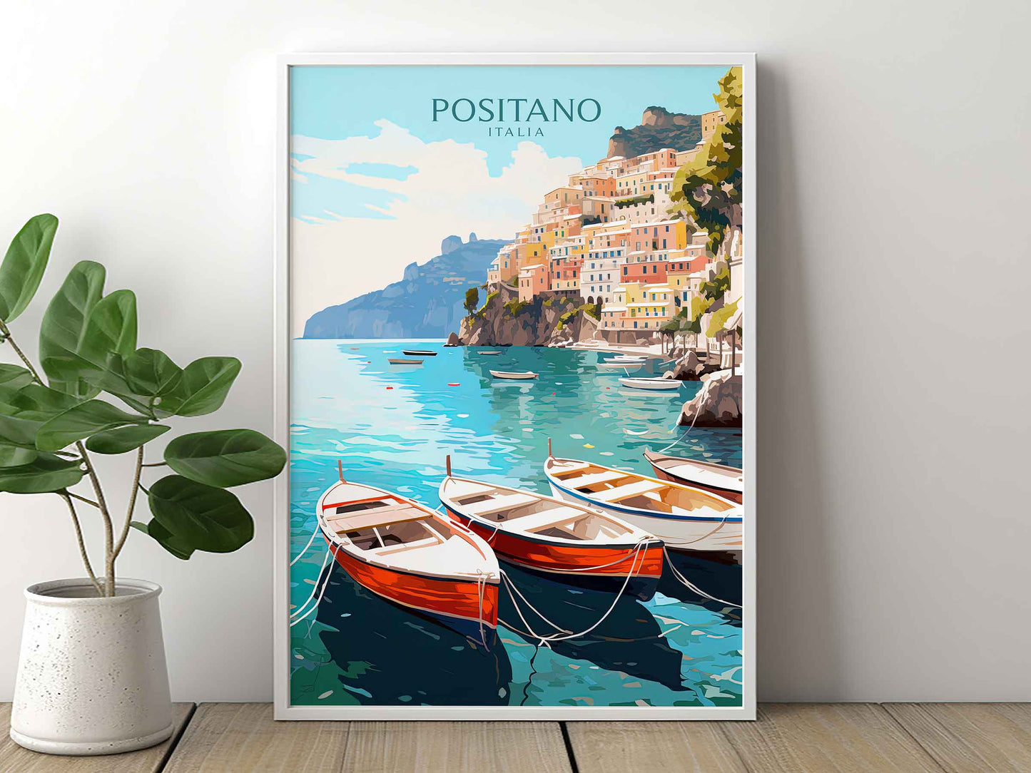 Framed Image of Positano Italy Illustration Travel Poster Prints Wall Art