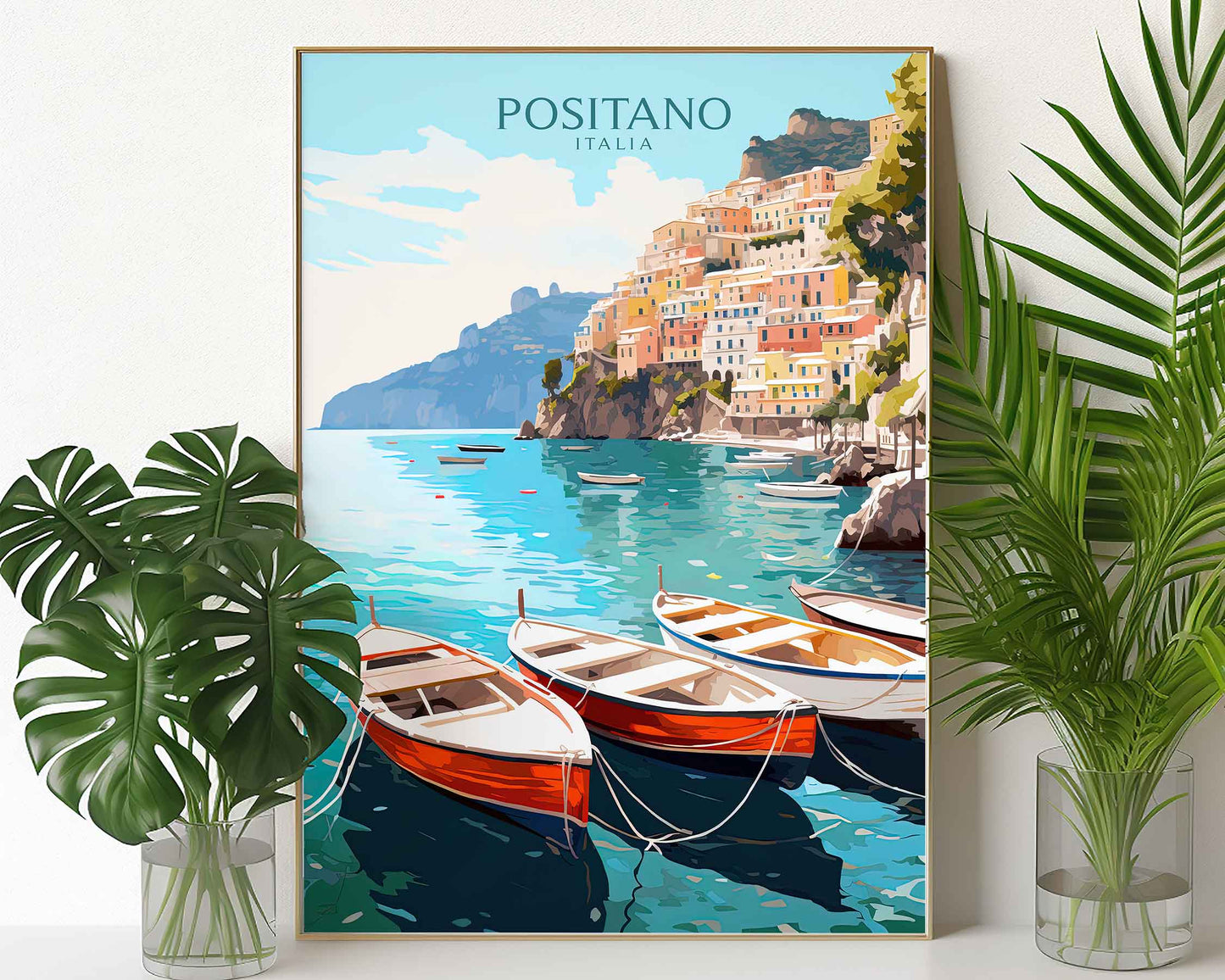Framed Image of Positano Italy Illustration Travel Poster Prints Wall Art