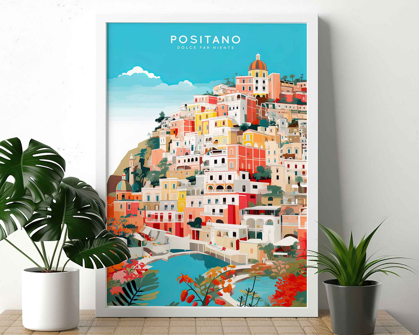 Framed Image of Positano Italy Travel Wall Art Poster Prints Illustration