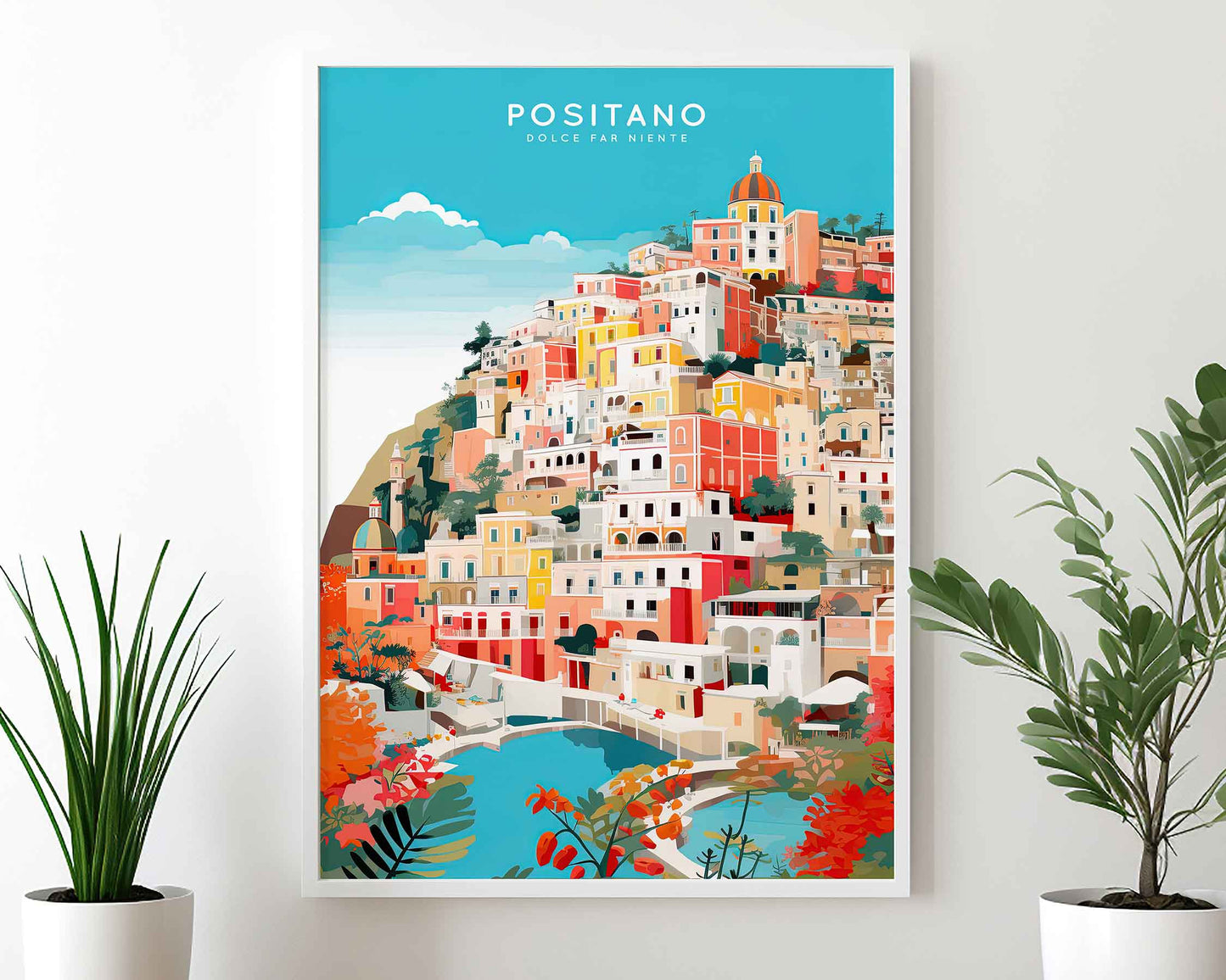 Framed Image of Positano Italy Travel Wall Art Poster Prints Illustration