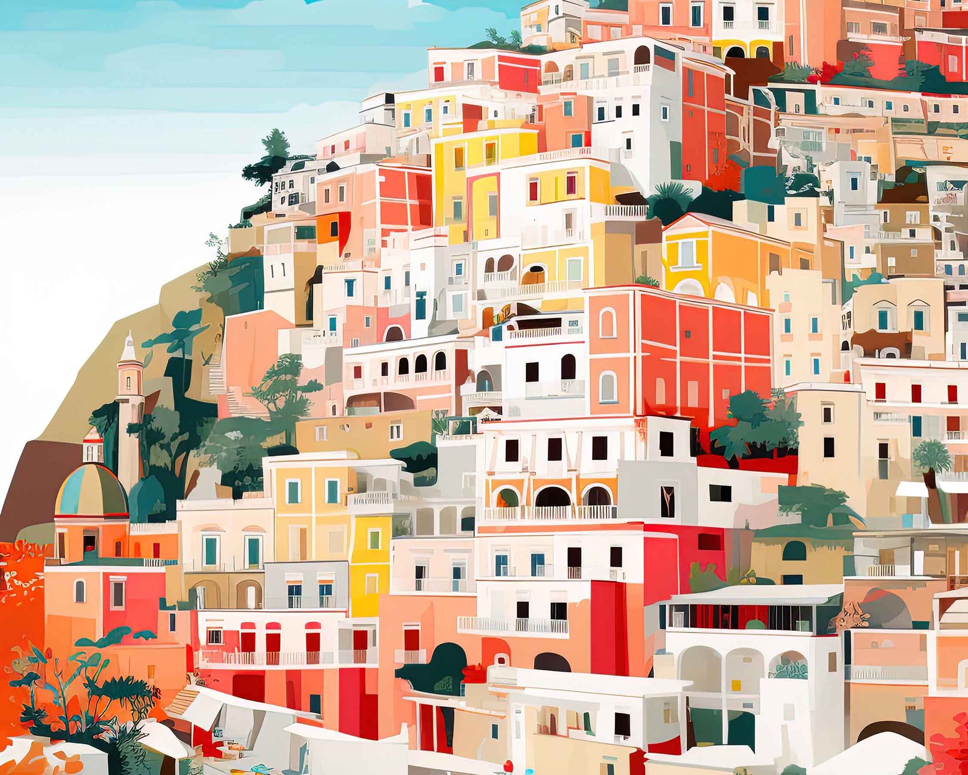 Framed Image of Positano Italy Travel Wall Art Poster Prints Illustration