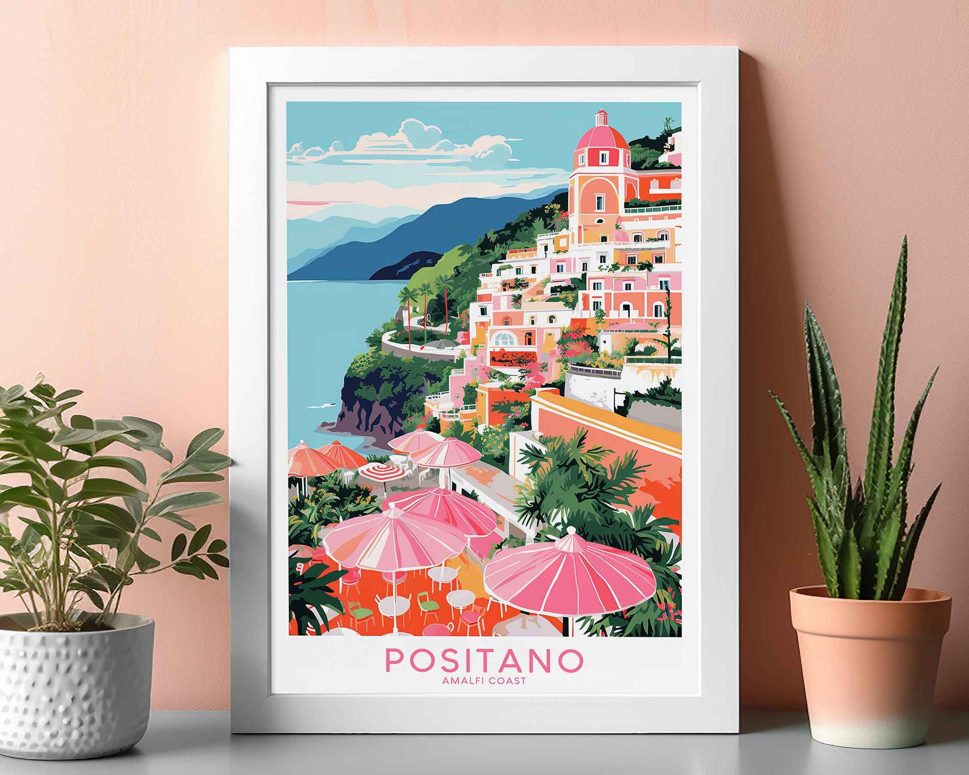 Framed Image of Positano Italy Wall Art Travel Print Posters Illustration