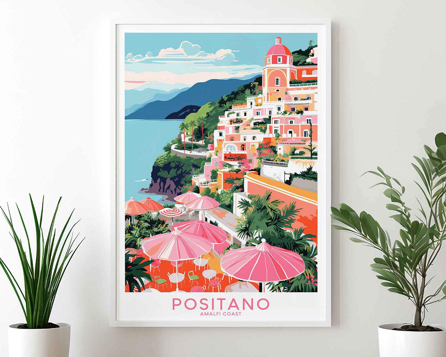 Framed Image of Positano Italy Wall Art Travel Print Posters Illustration