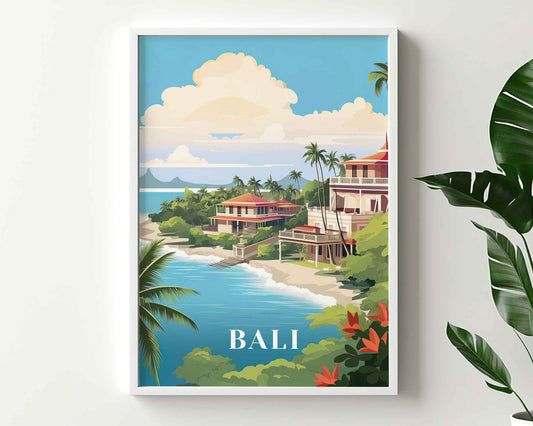 Framed Image of Bali Indonesia Travel Poster Prints Illustration Wall Art