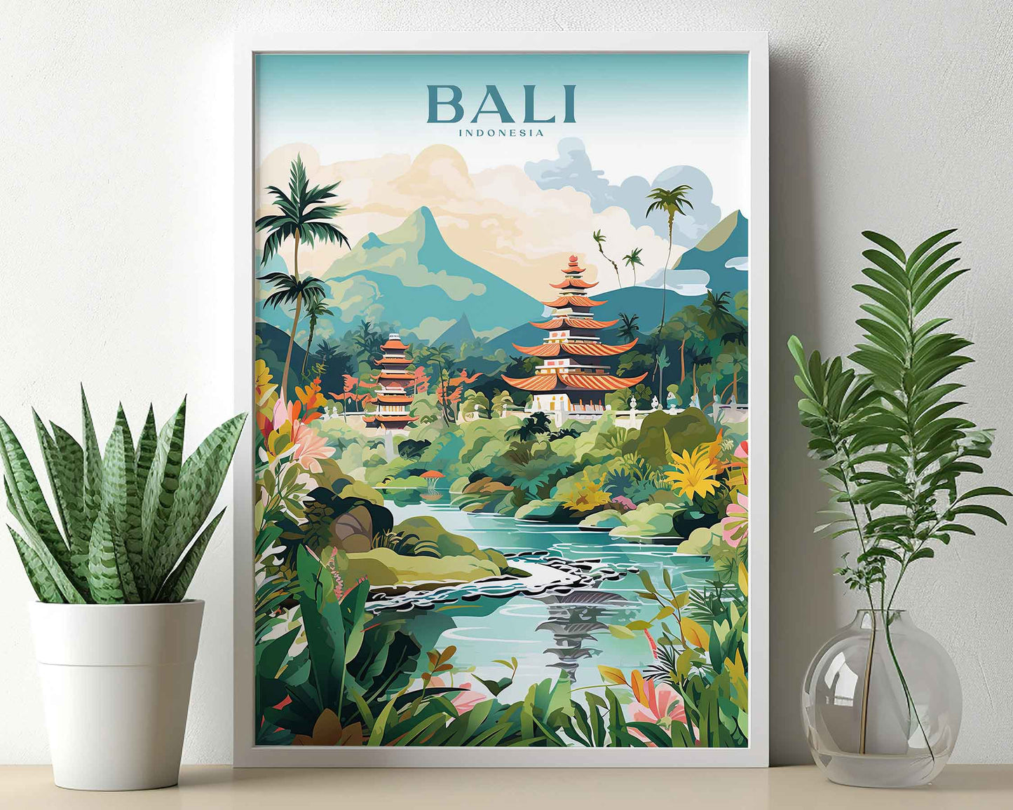 Framed Image of Bali Indonesia Travel Poster Illustration Prints Wall Art