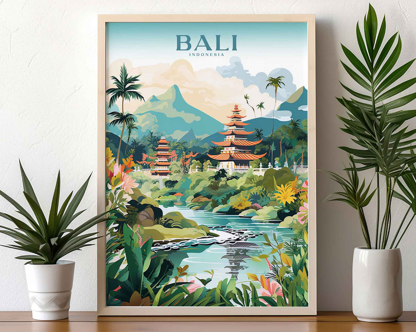 Framed Image of Bali Indonesia Travel Poster Illustration Prints Wall Art