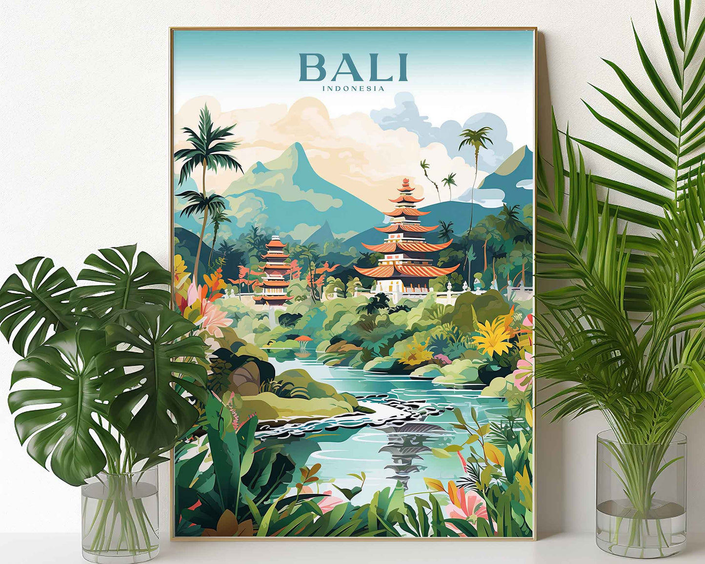 Framed Image of Bali Indonesia Travel Poster Illustration Prints Wall Art