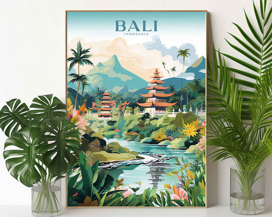 Framed Image of Bali Indonesia Travel Poster Illustration Prints Wall Art