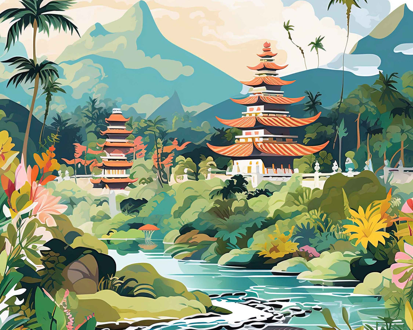 Framed Image of Bali Indonesia Travel Poster Illustration Prints Wall Art