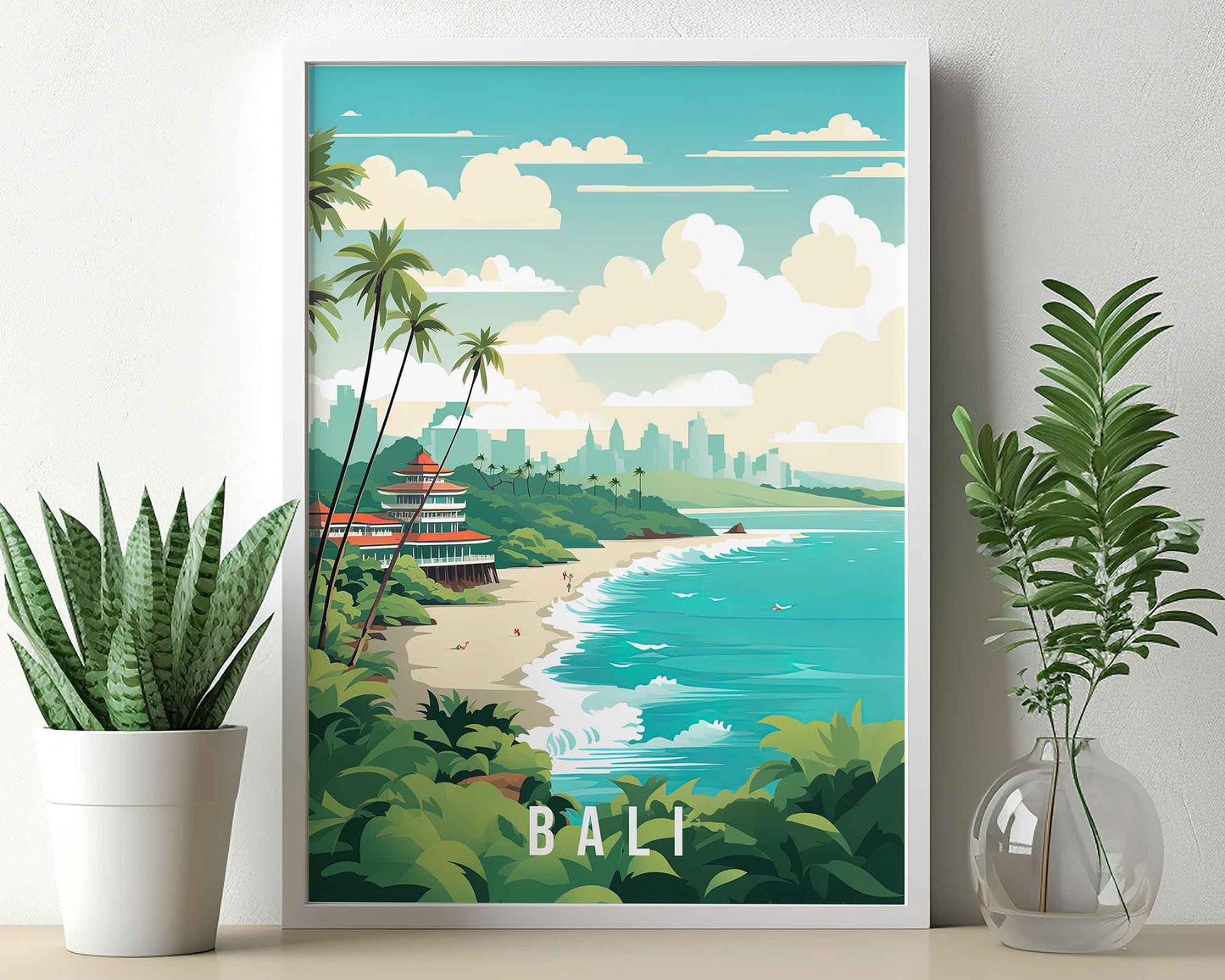 Framed Image of Bali Indonesia Travel Illustration Poster Prints Wall Art