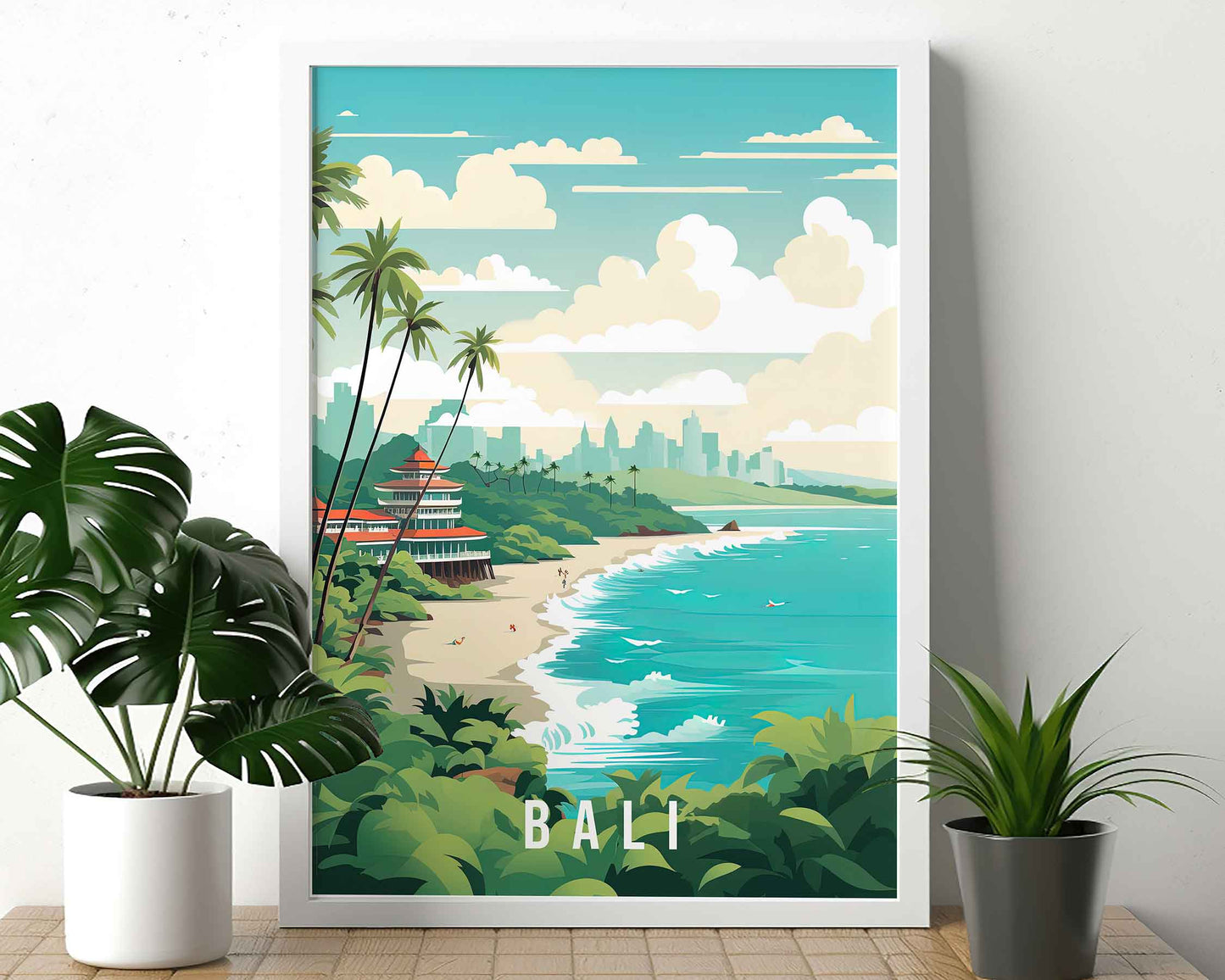 Framed Image of Bali Indonesia Travel Illustration Poster Prints Wall Art