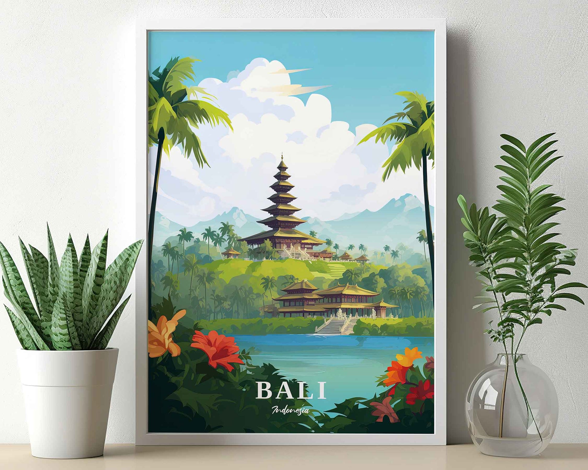 Framed Image of Bali Indonesia Travel Poster Wall Art Prints Illustration