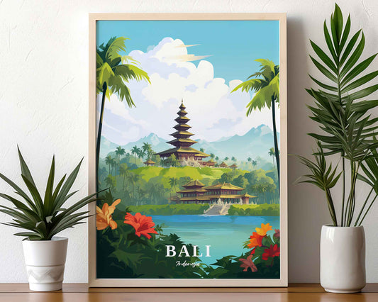 Framed Image of Bali Indonesia Travel Poster Wall Art Prints Illustration