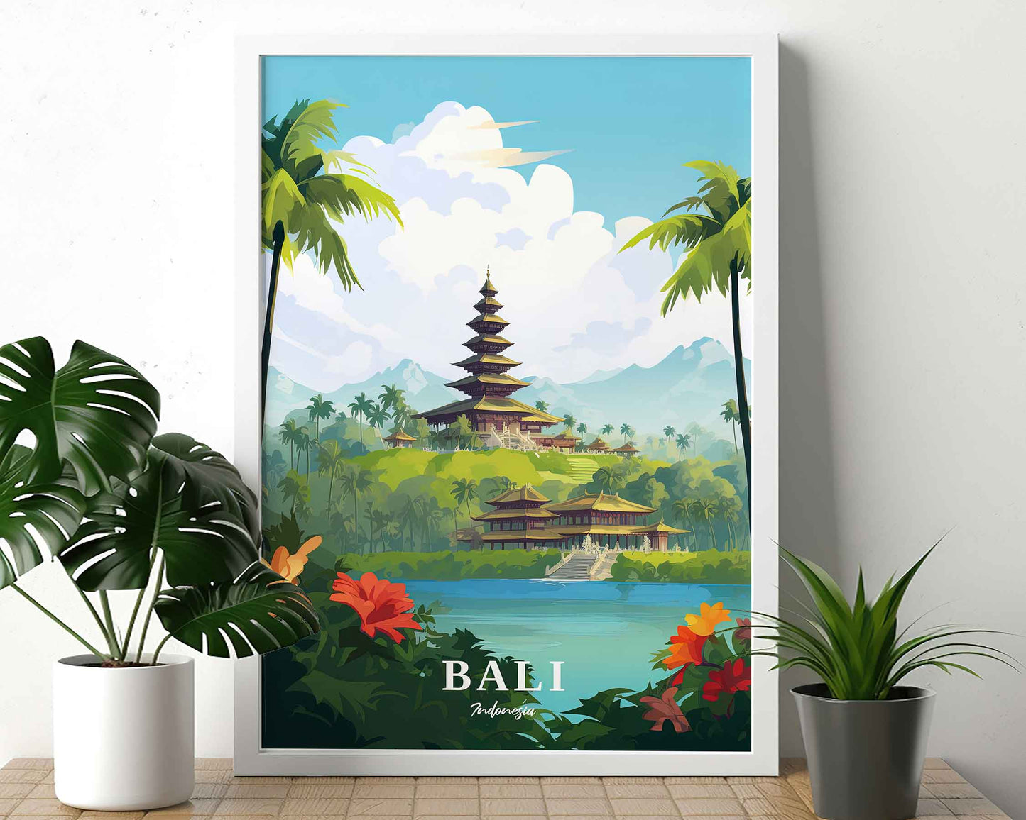 Framed Image of Bali Indonesia Travel Poster Wall Art Prints Illustration