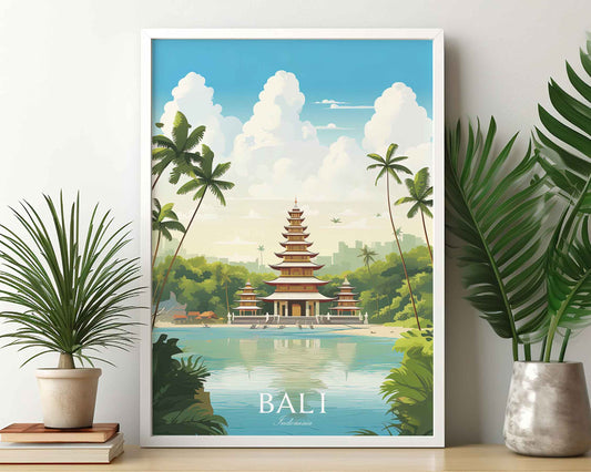 Framed Image of Bali Indonesia Wall Art Travel Poster Prints Illustration