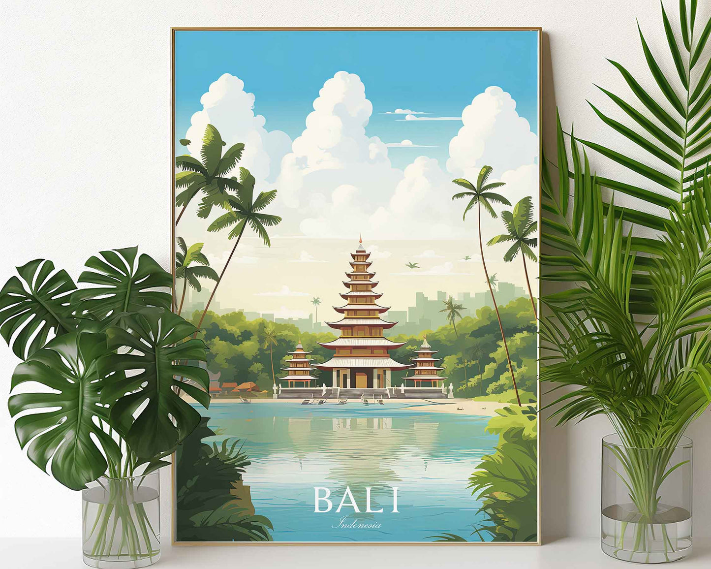 Framed Image of Bali Indonesia Wall Art Travel Poster Prints Illustration
