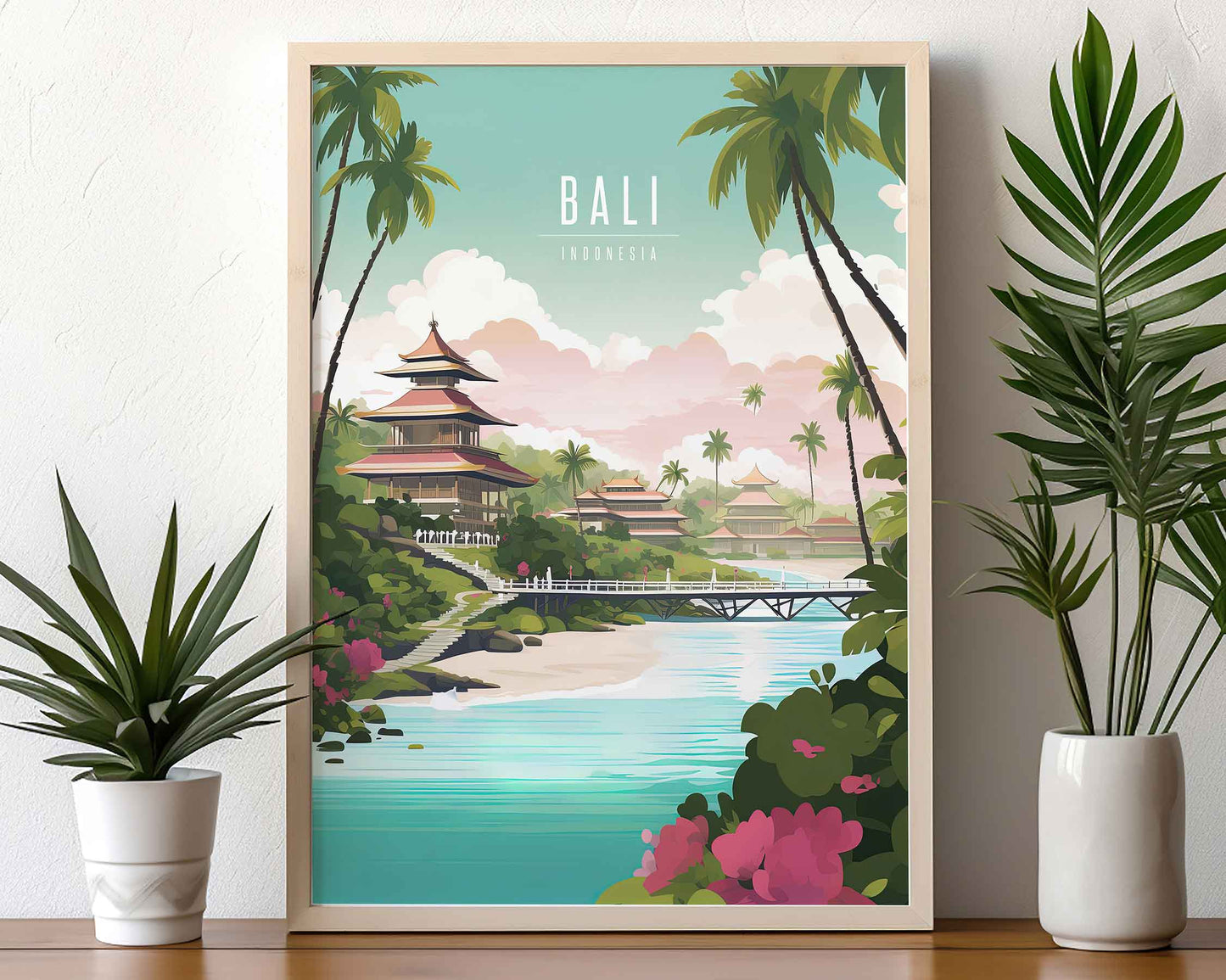 Framed Image of Bali Indonesia Travel Print Posters Illustration Wall Art