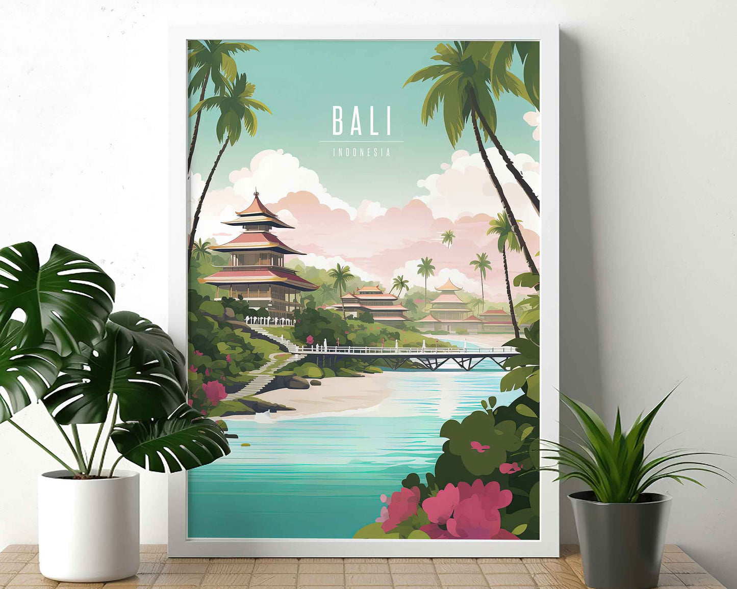 Framed Image of Bali Indonesia Travel Print Posters Illustration Wall Art