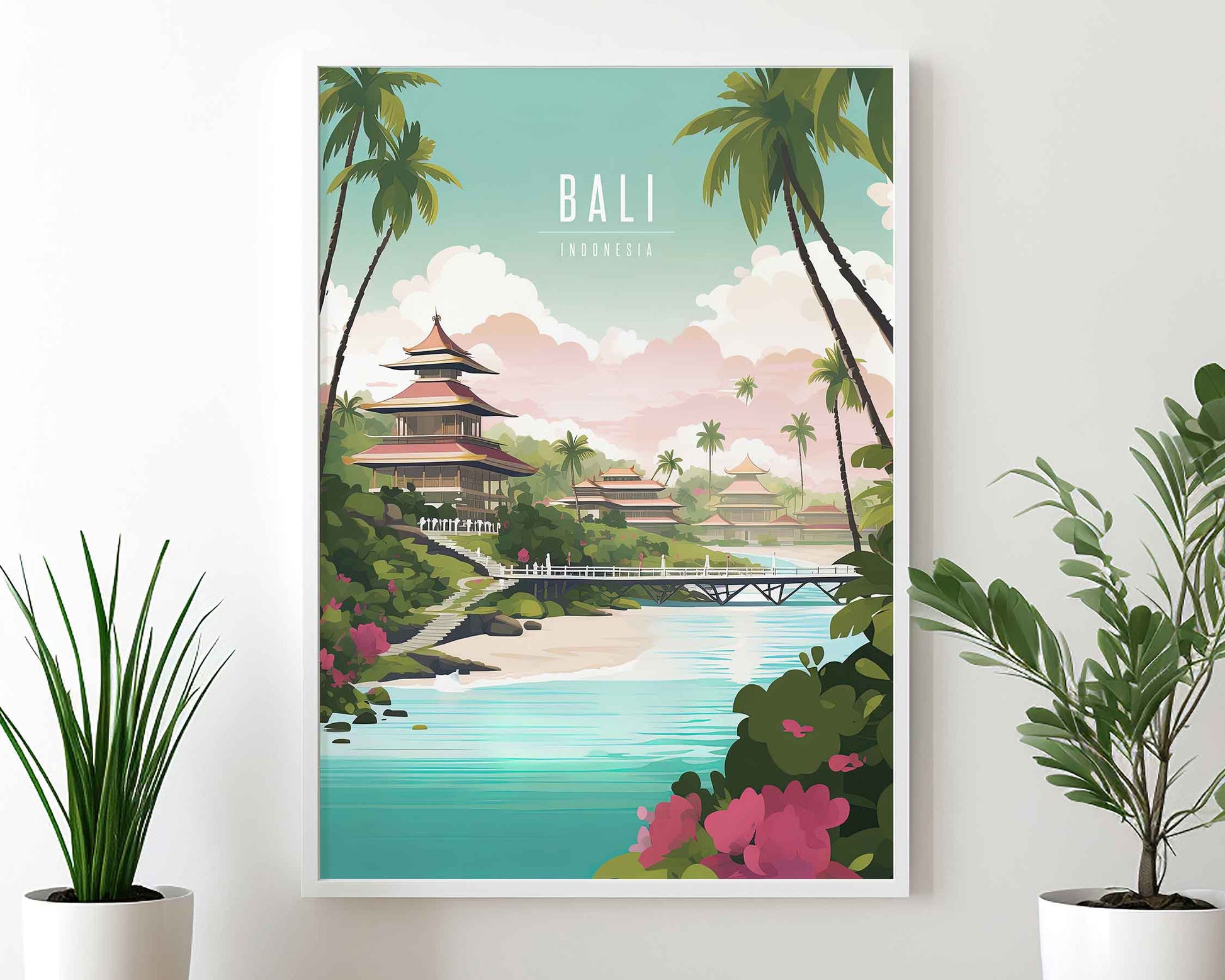 Framed Image of Bali Indonesia Travel Print Posters Illustration Wall Art