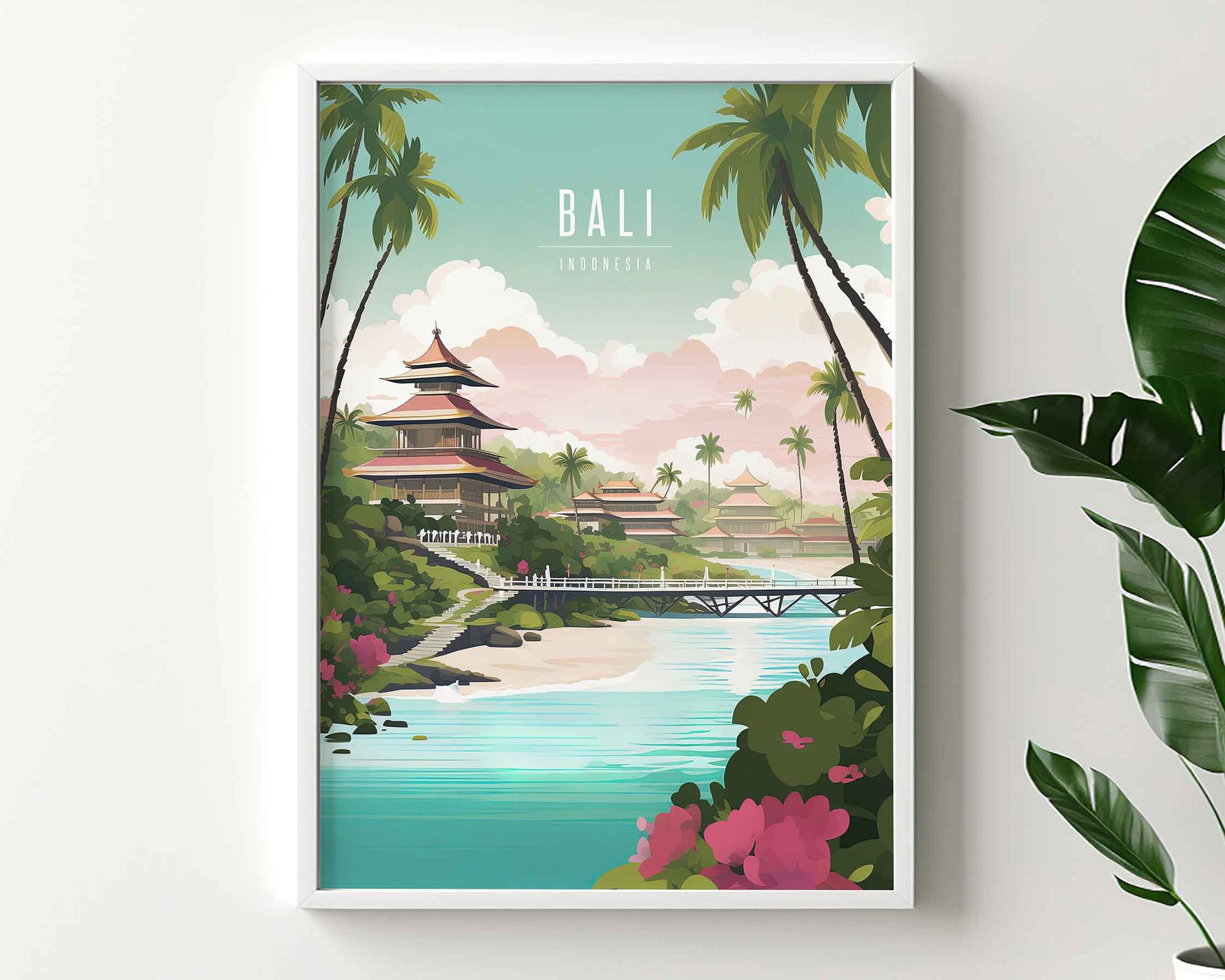 Framed Image of Bali Indonesia Travel Print Posters Illustration Wall Art