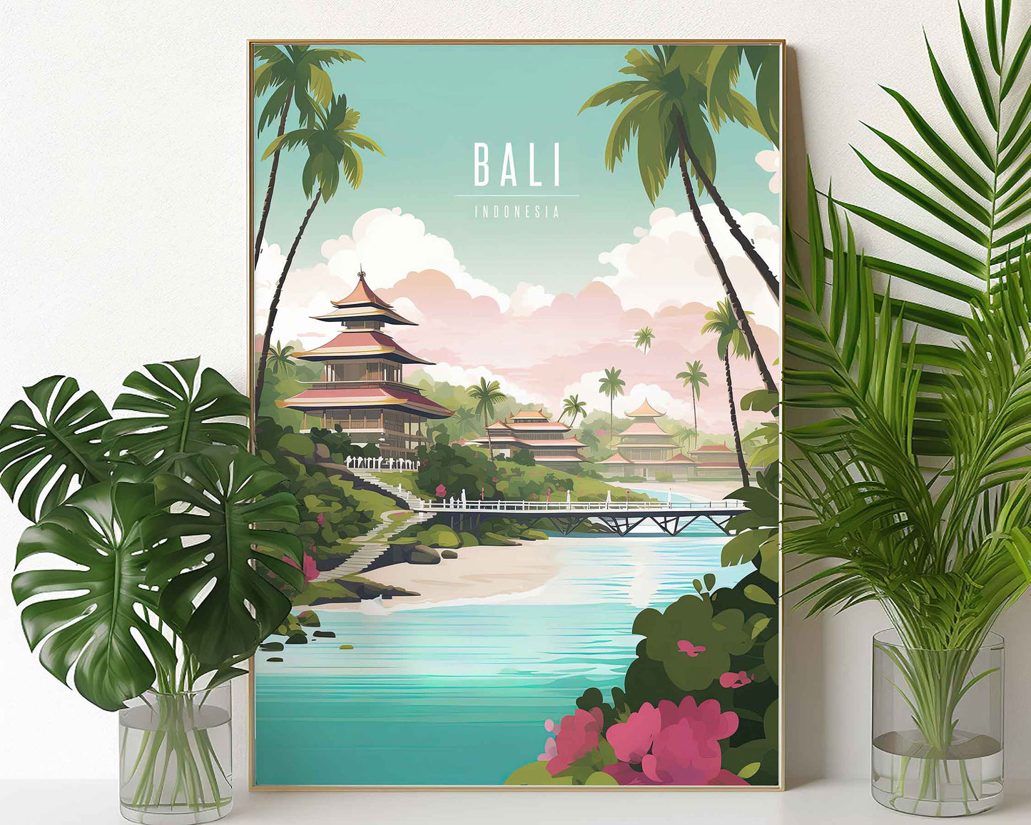 Framed Image of Bali Indonesia Travel Print Posters Illustration Wall Art