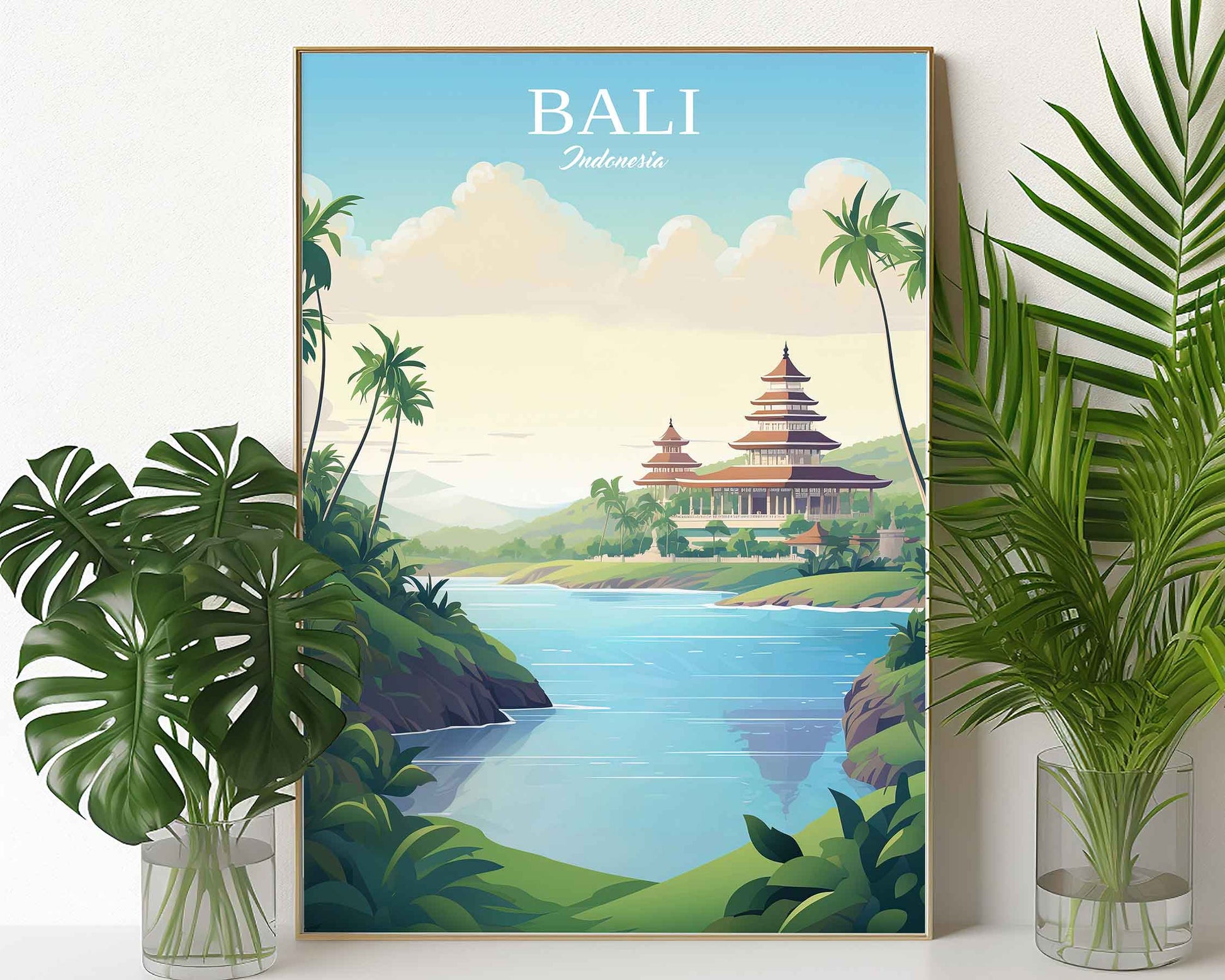 Framed Image of Bali Indonesia Print Travel Posters Illustration Wall Art