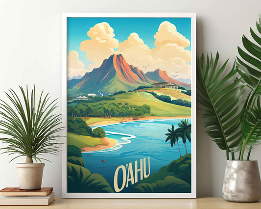 Framed Image of Oahu Hawaii Travel Poster Prints Wall Art Illustration