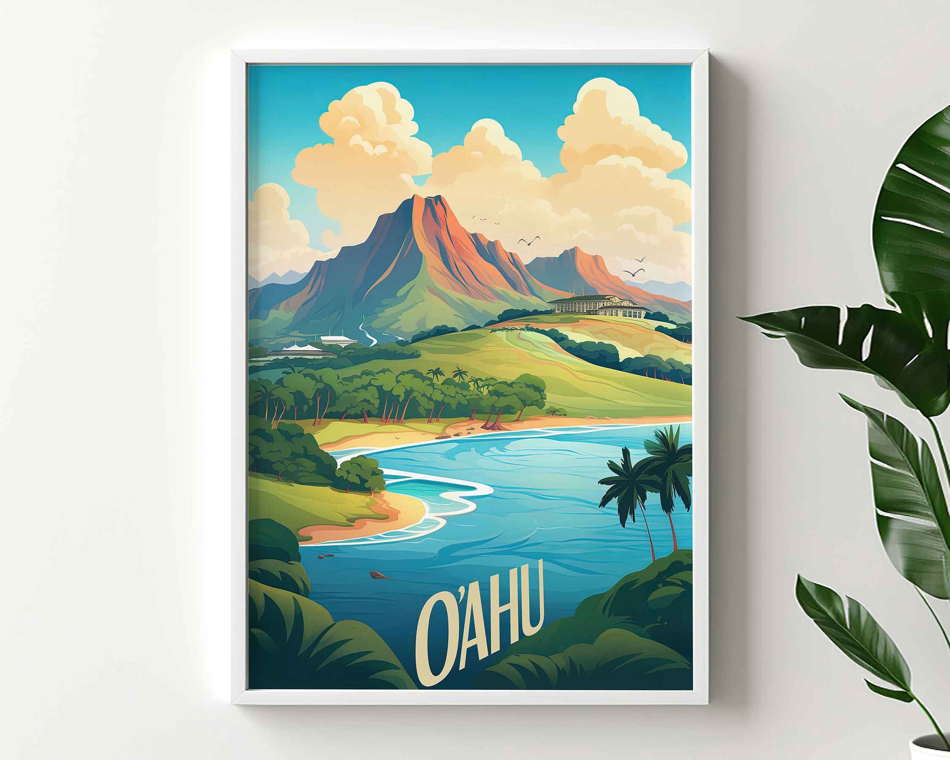 Framed Image of Oahu Hawaii Travel Poster Prints Wall Art Illustration
