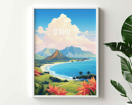 Framed Image of Oahu Hawaii Travel Poster Prints Illustration Wall Art