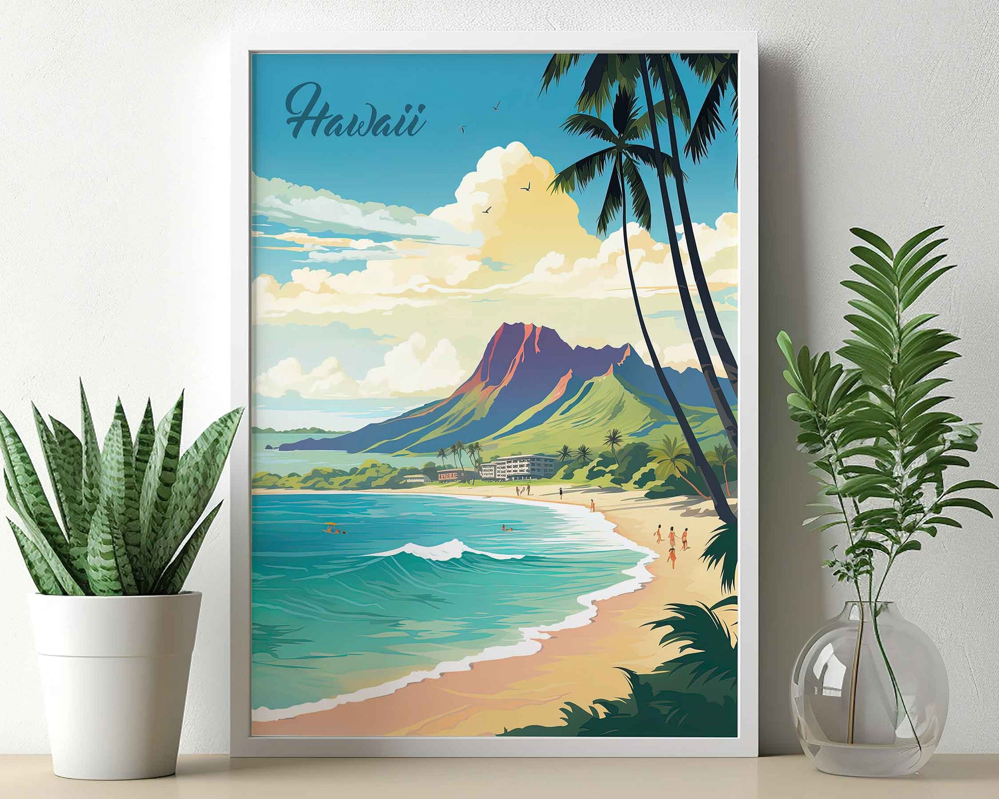 Framed Image of Oahu Hawaii Travel Poster Illustration Prints Wall Art