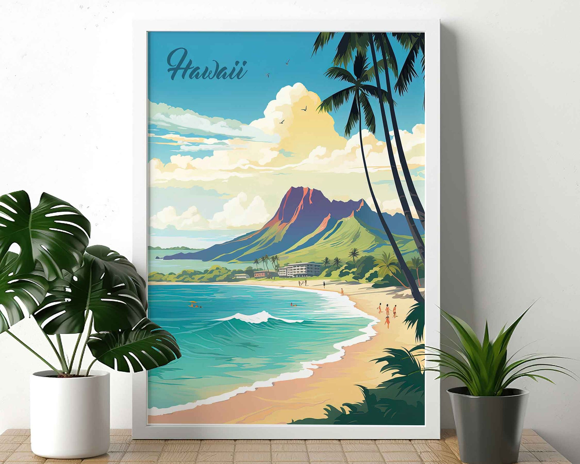 Framed Image of Oahu Hawaii Travel Poster Illustration Prints Wall Art