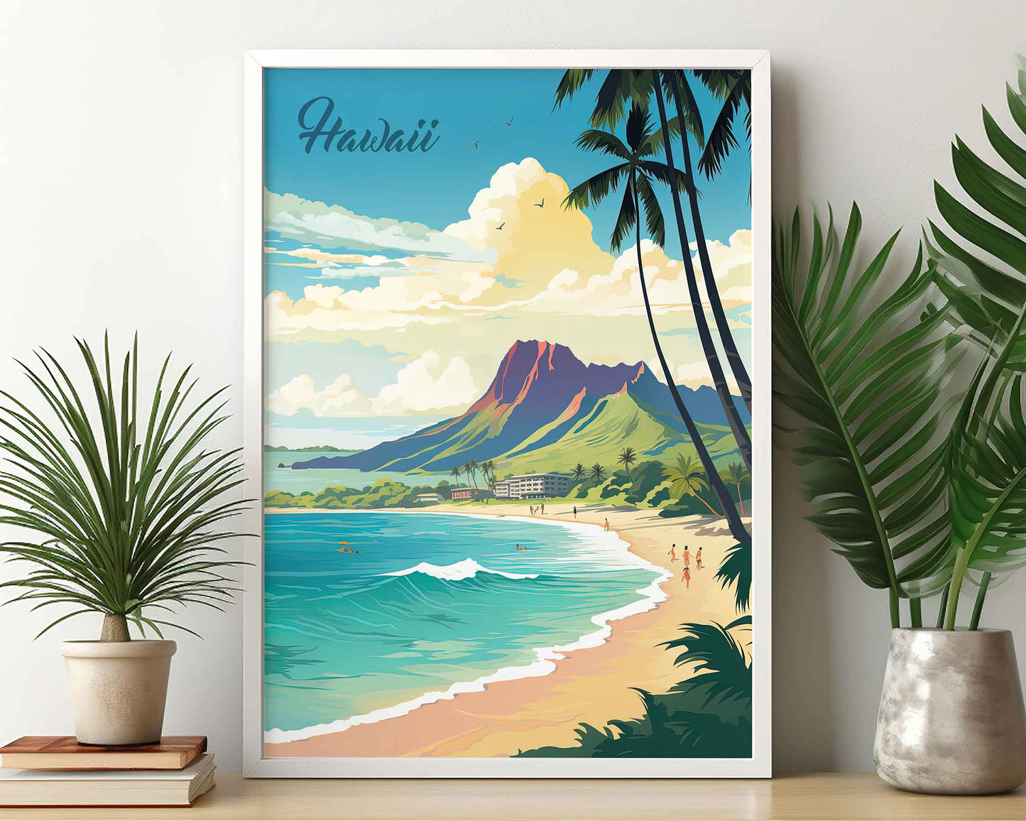 Framed Image of Oahu Hawaii Travel Poster Illustration Prints Wall Art