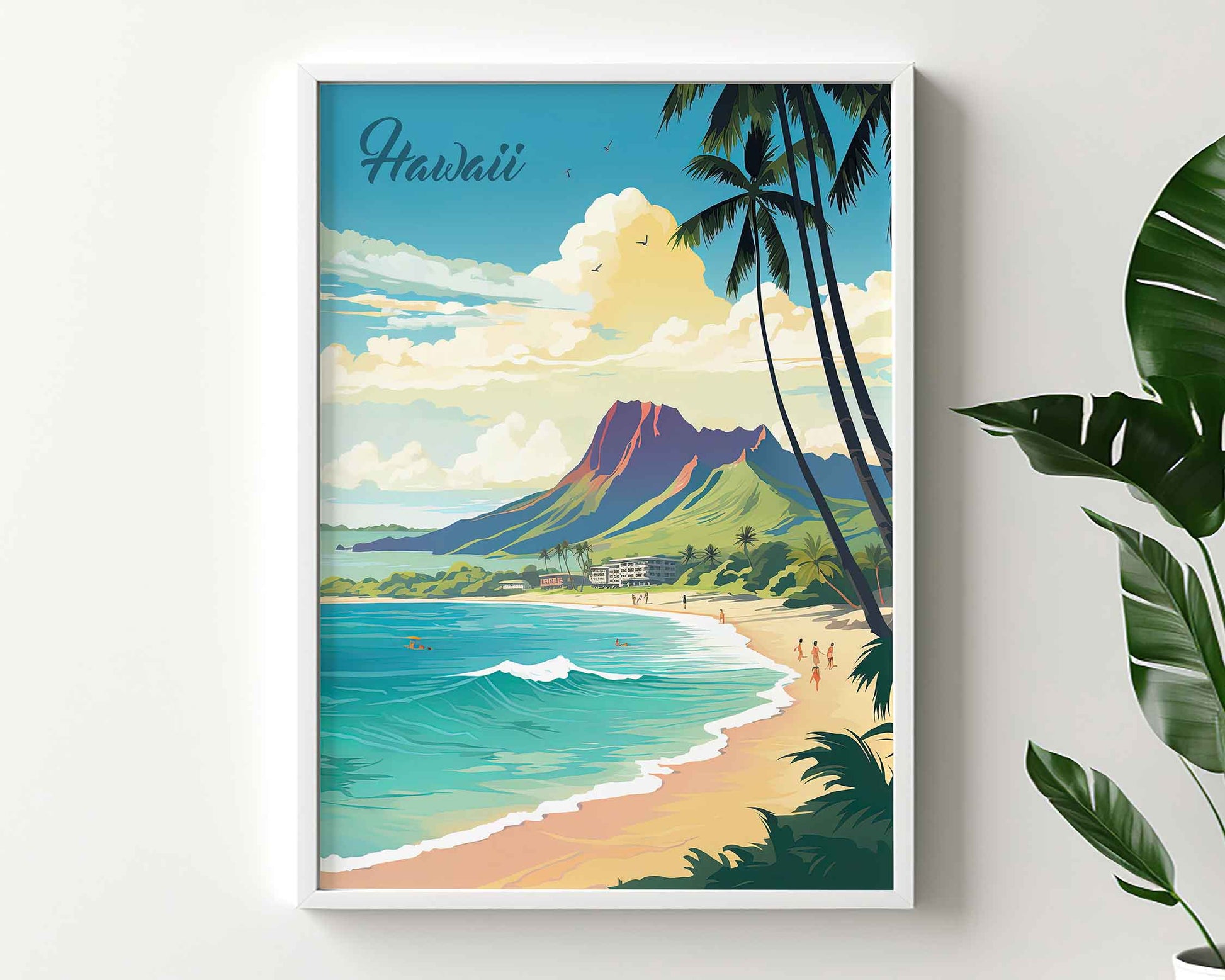 Framed Image of Oahu Hawaii Travel Poster Illustration Prints Wall Art