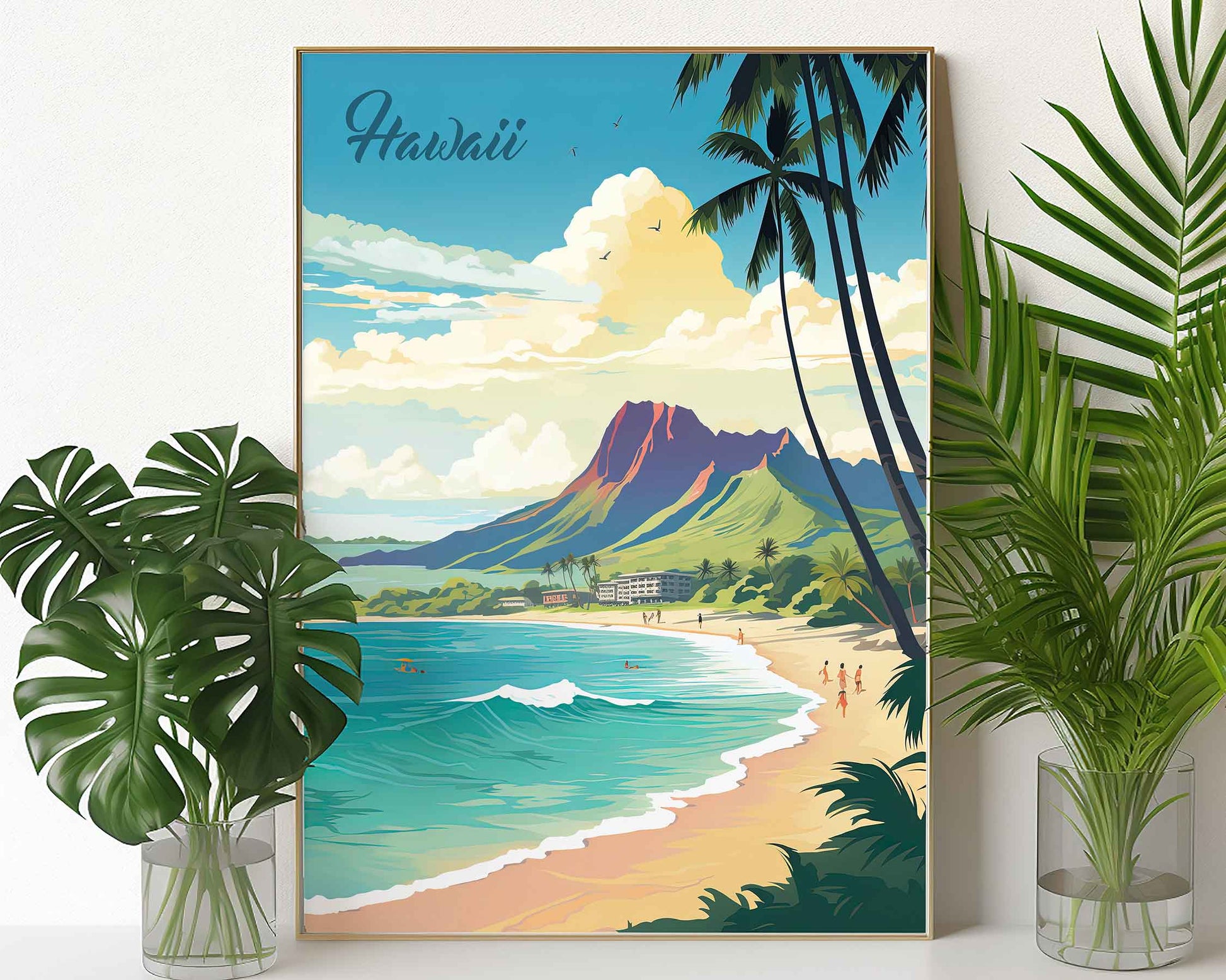 Framed Image of Oahu Hawaii Travel Poster Illustration Prints Wall Art