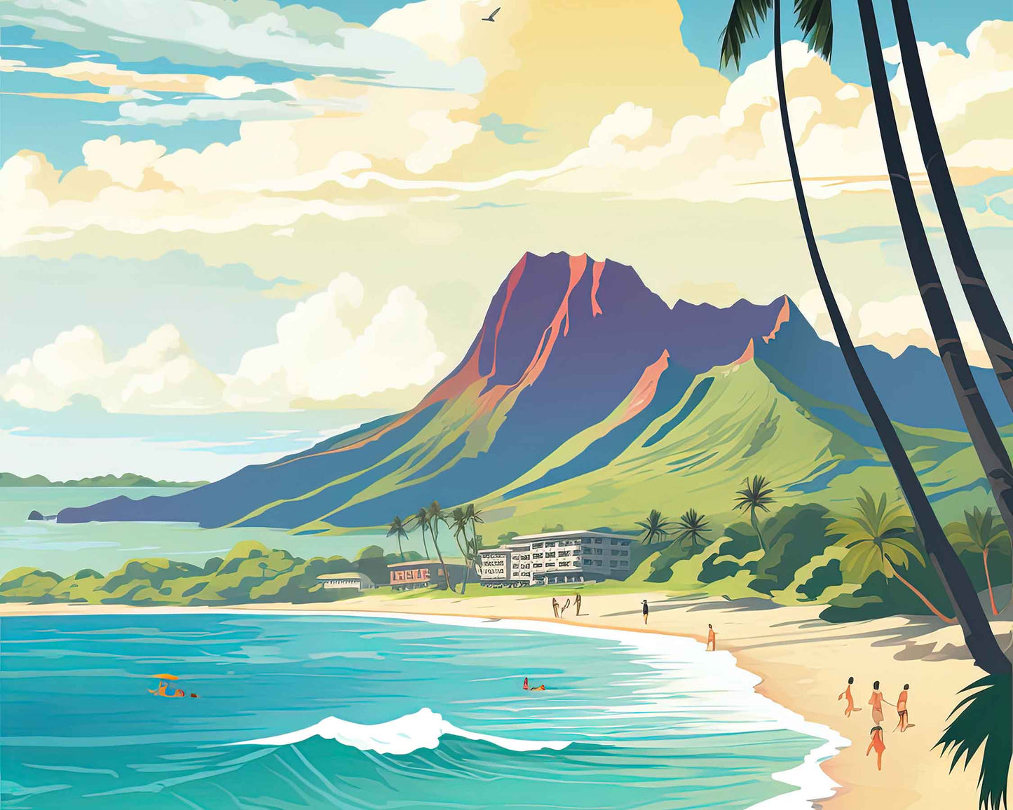 Framed Image of Oahu Hawaii Travel Poster Illustration Prints Wall Art