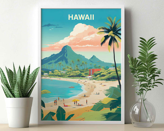 Framed Image of Oahu Hawaii Travel Illustration Poster Prints Wall Art