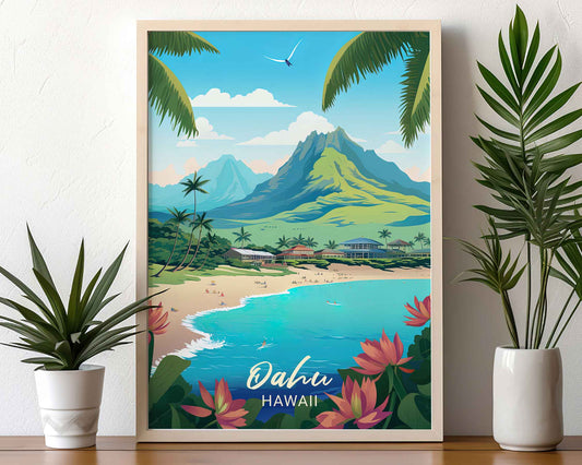 Framed Image of Oahu Hawaii Illustration Travel Poster Prints Wall Art