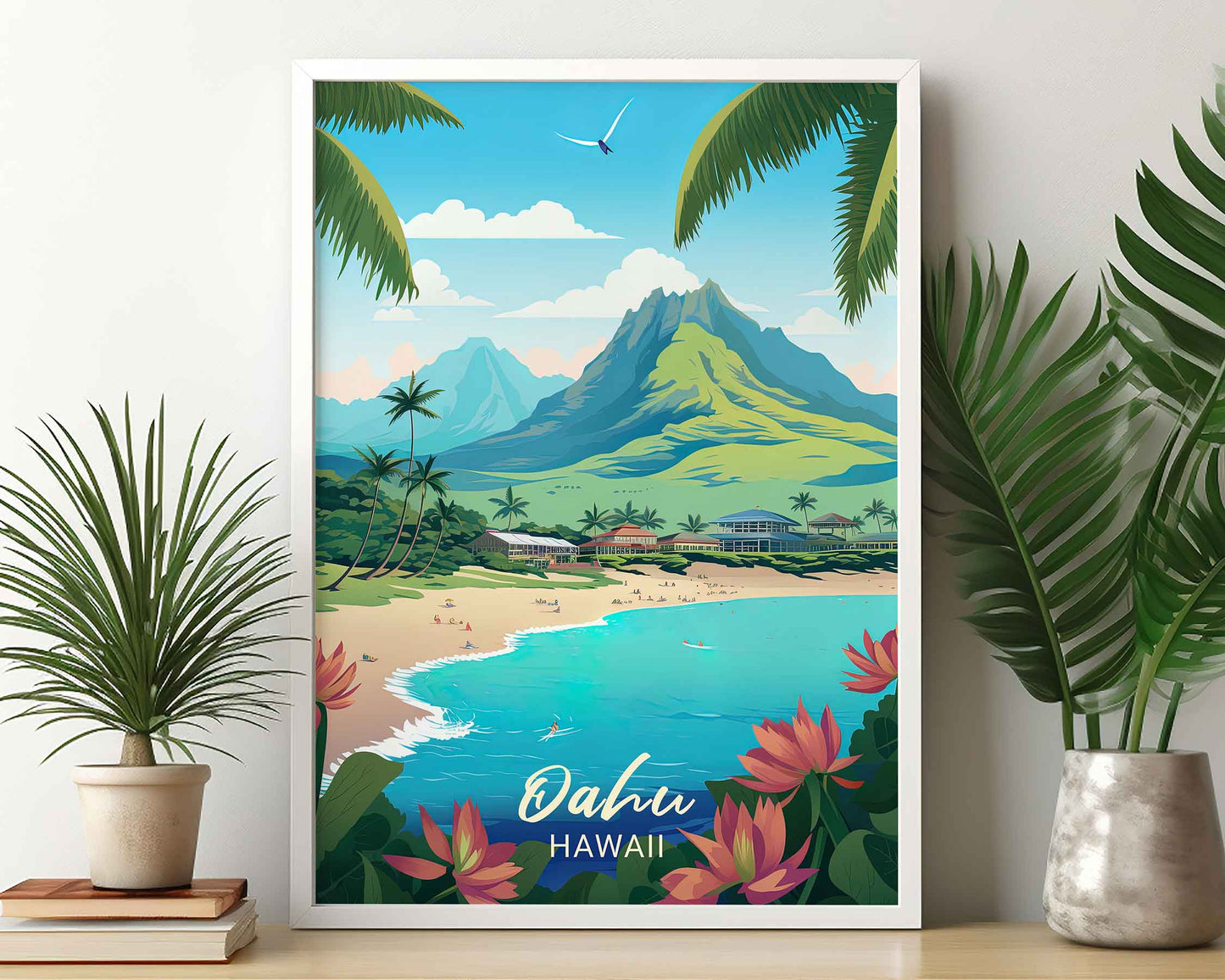 Framed Image of Oahu Hawaii Illustration Travel Poster Prints Wall Art