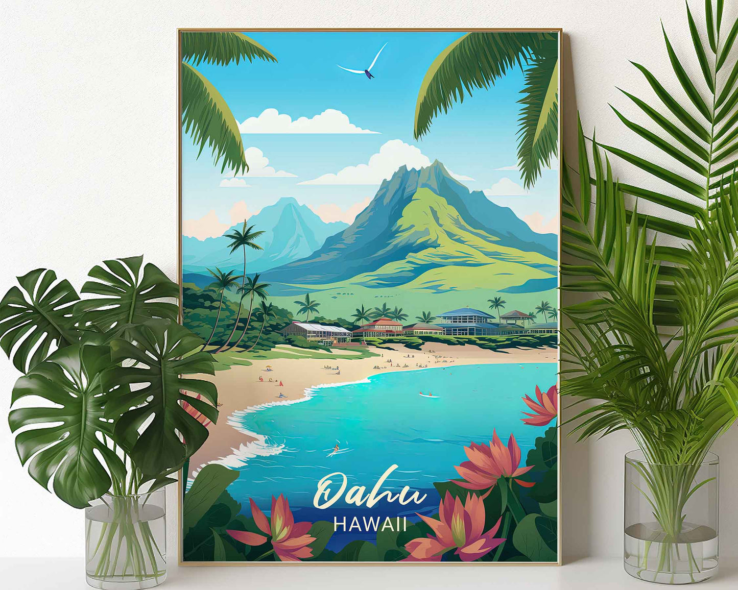 Framed Image of Oahu Hawaii Illustration Travel Poster Prints Wall Art