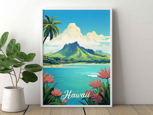 Framed Image of Oahu Hawaii Travel Poster Wall Art Prints Illustration