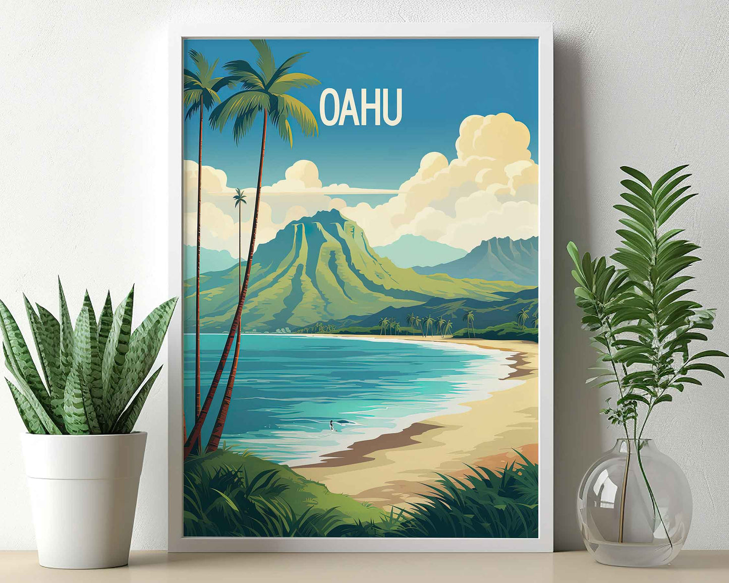 Framed Image of Oahu Hawaii Travel Wall Art Poster Prints Illustration