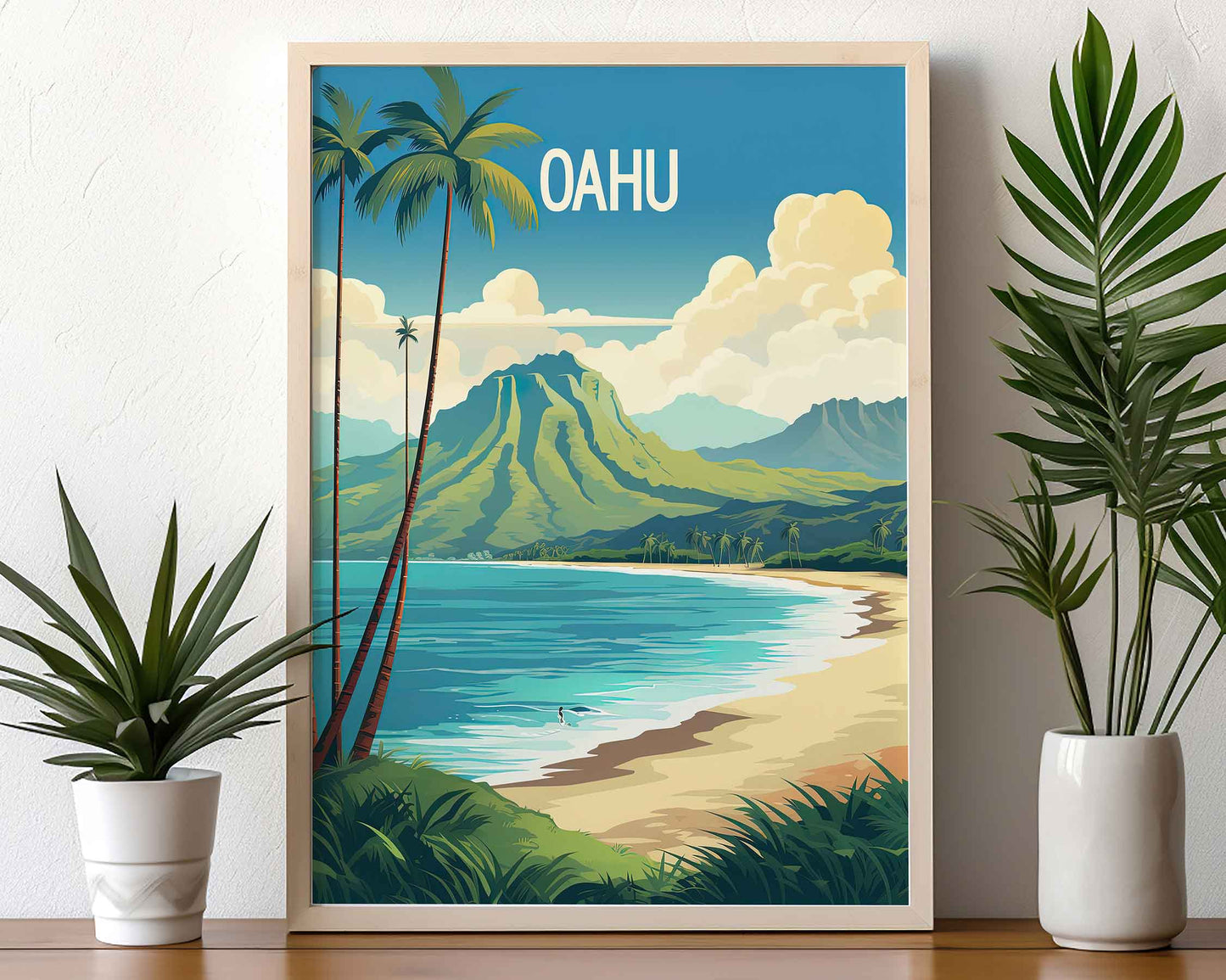 Framed Image of Oahu Hawaii Travel Wall Art Poster Prints Illustration