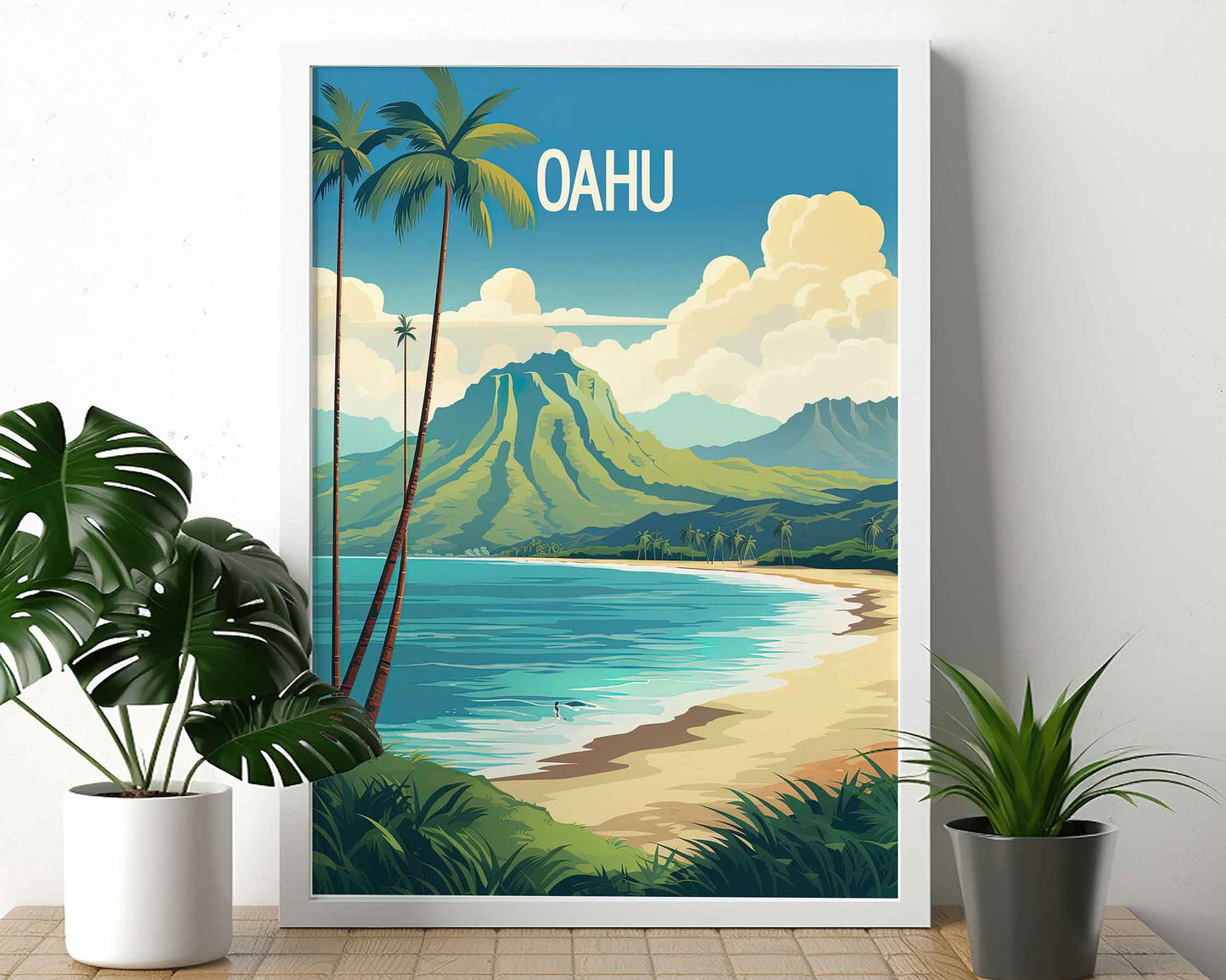 Framed Image of Oahu Hawaii Travel Wall Art Poster Prints Illustration