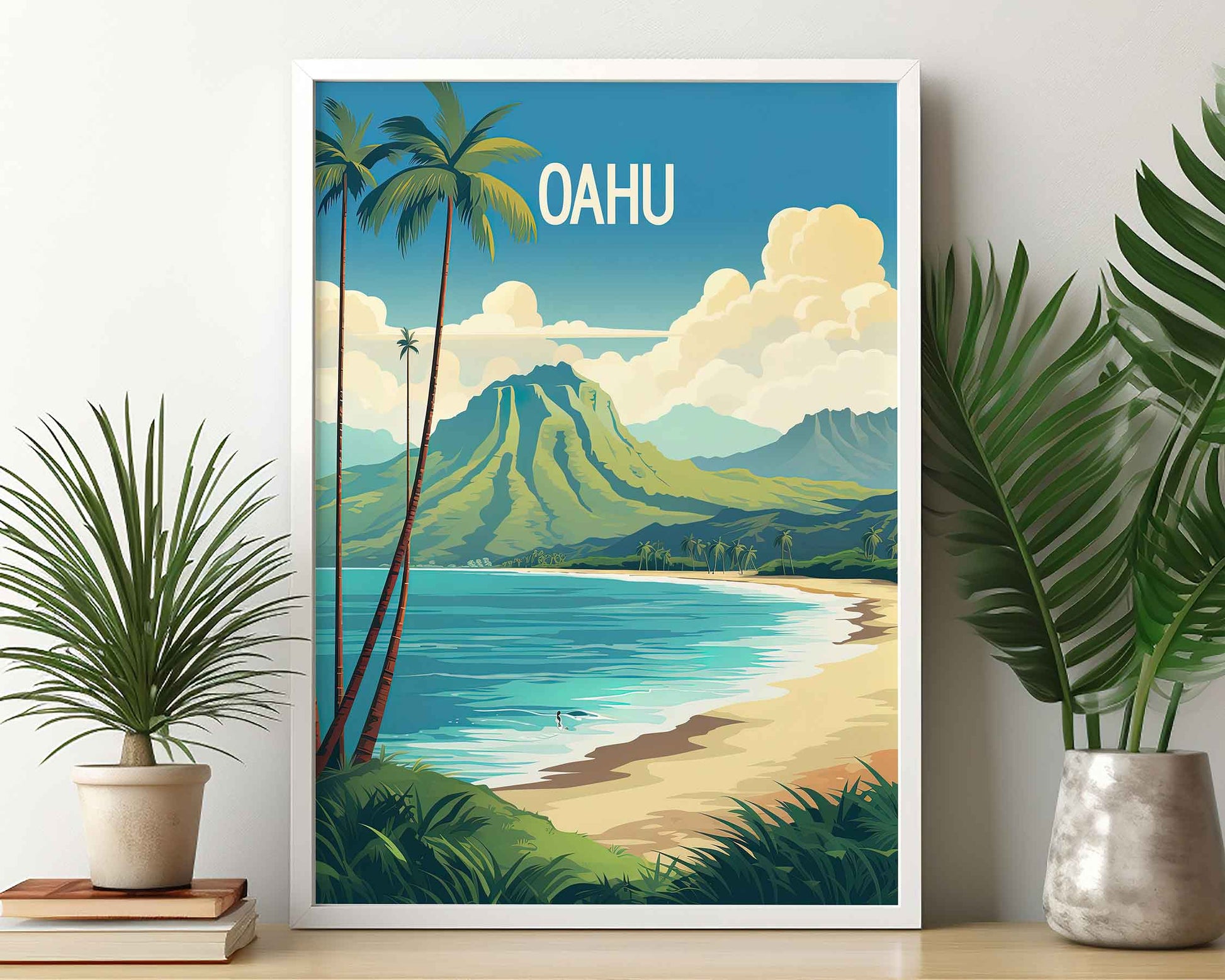 Framed Image of Oahu Hawaii Travel Wall Art Poster Prints Illustration