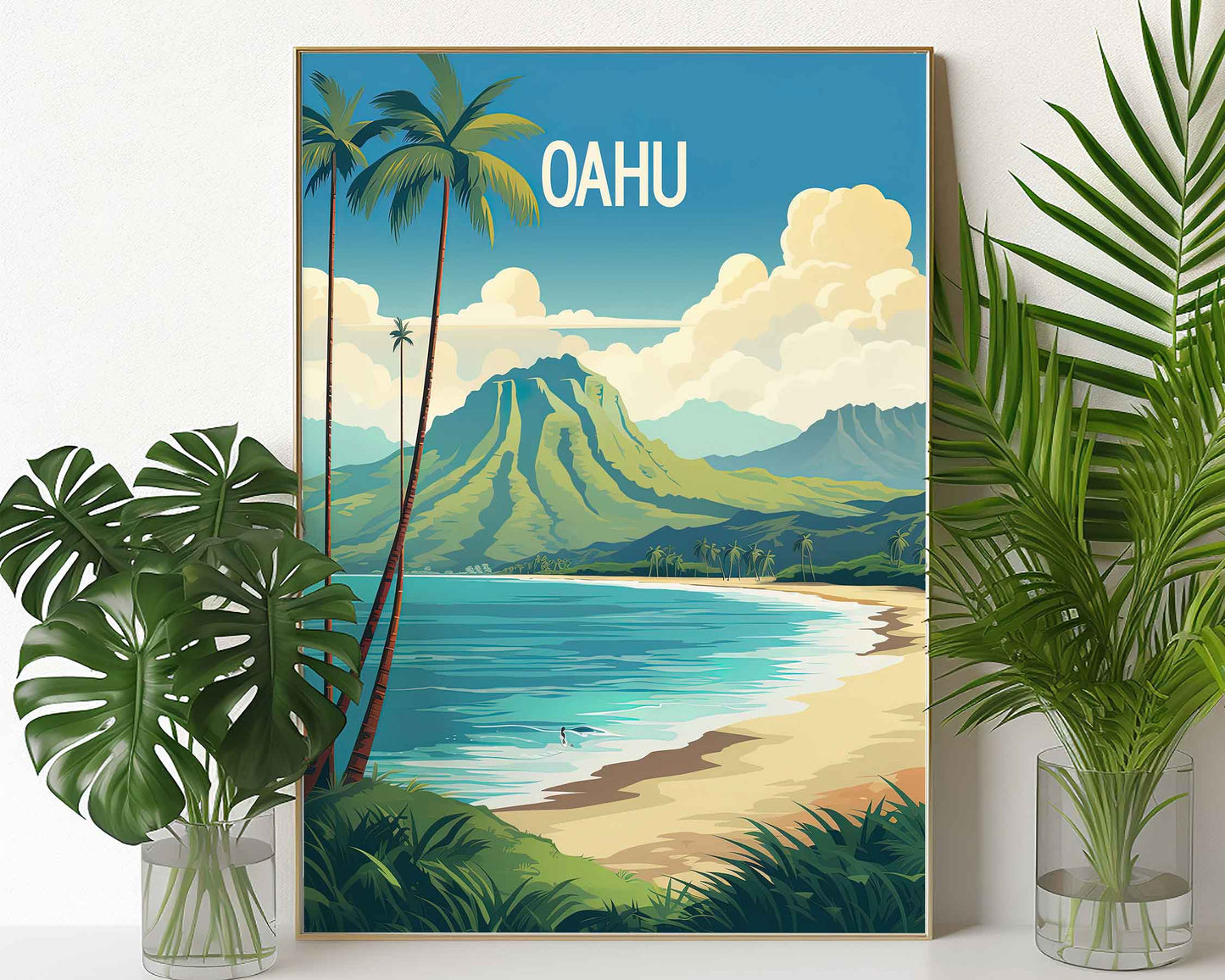 Framed Image of Oahu Hawaii Travel Wall Art Poster Prints Illustration