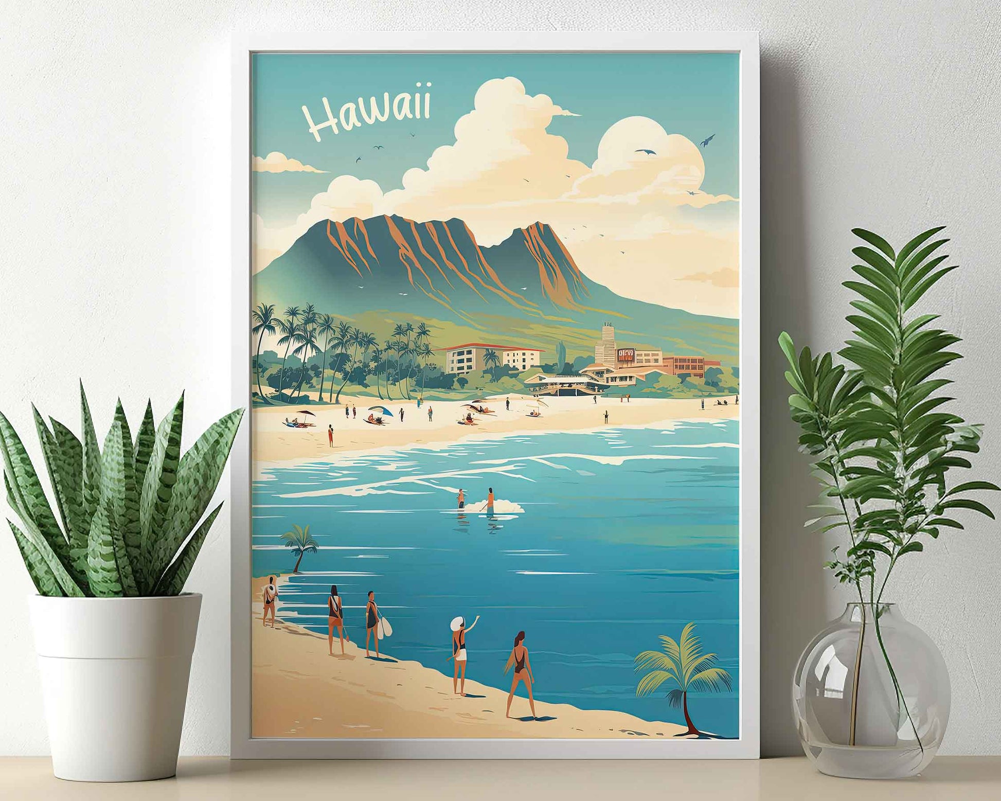 Framed Image of Oahu Hawaii Wall Art Travel Poster Prints Illustration