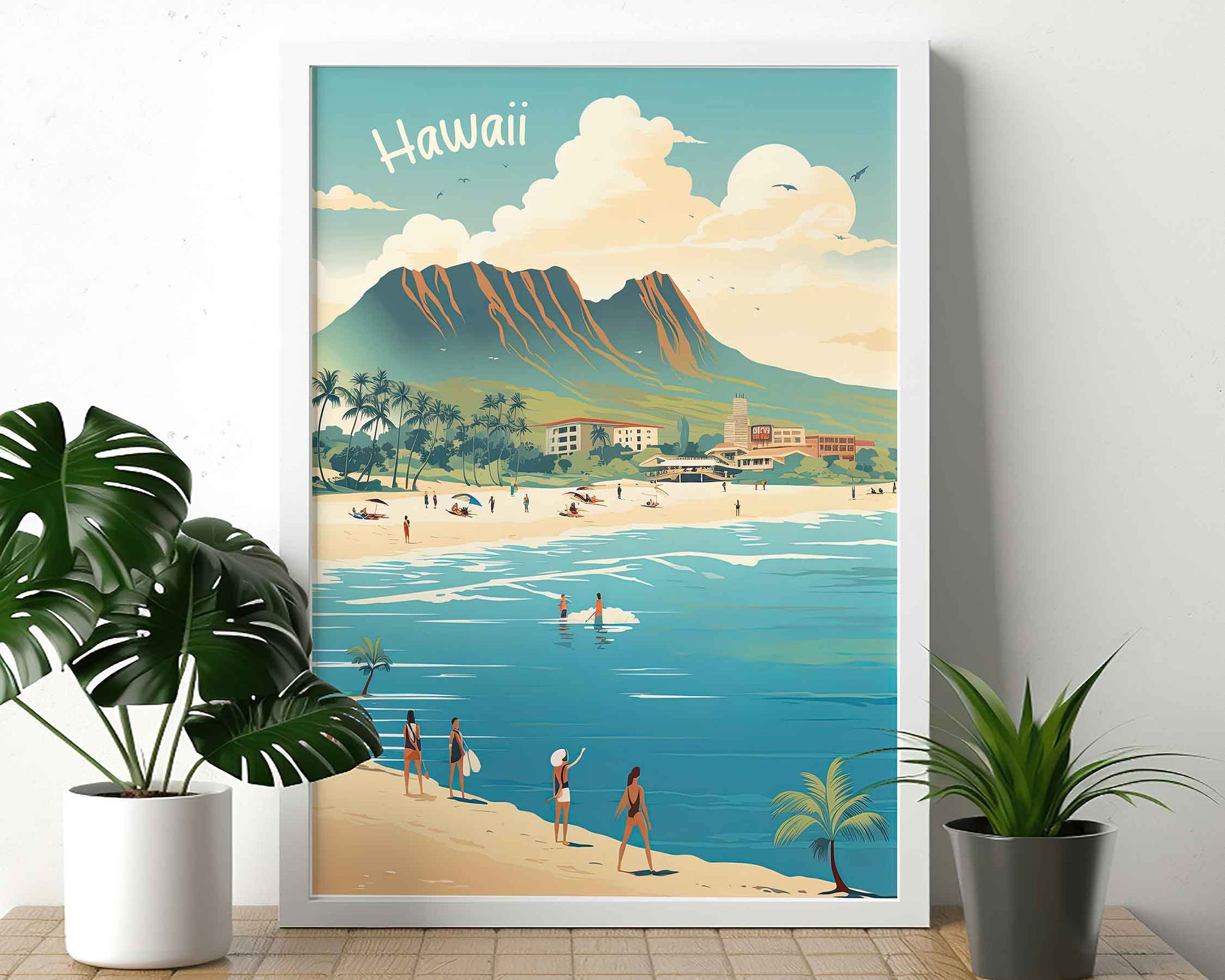 Framed Image of Oahu Hawaii Wall Art Travel Poster Prints Illustration