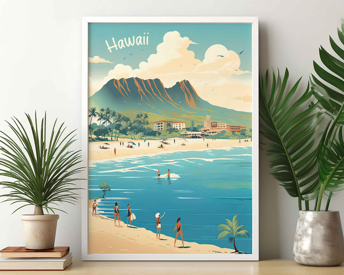 Framed Image of Oahu Hawaii Wall Art Travel Poster Prints Illustration