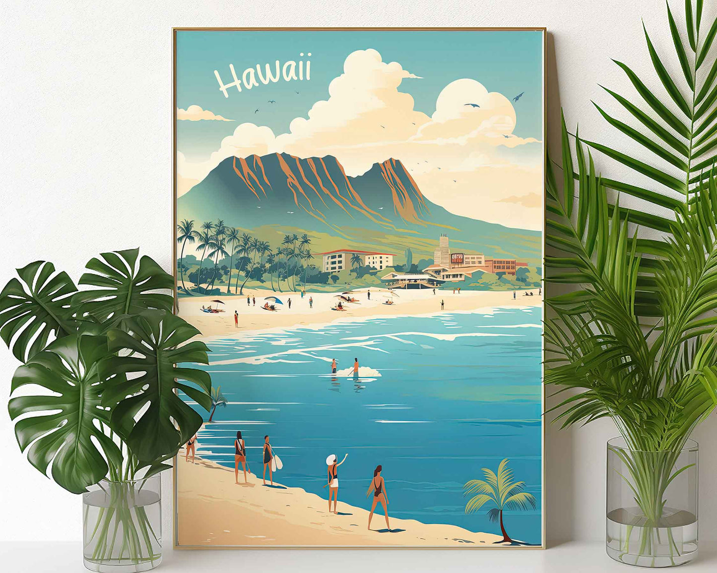 Framed Image of Oahu Hawaii Wall Art Travel Poster Prints Illustration